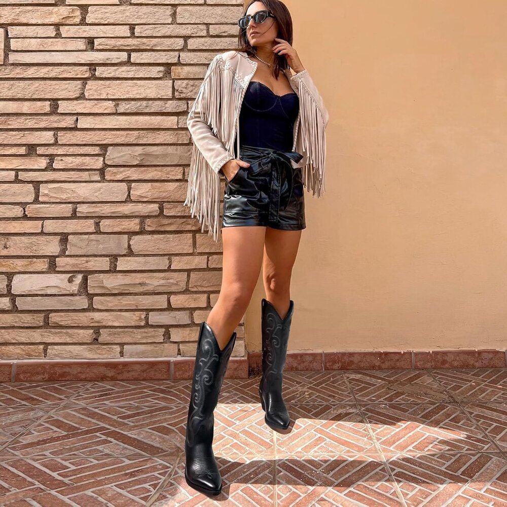 Women Cowgirl Boot Embroidered Knee-High Western Boots Pointy Toe Black W/Zipper - Picture 4 of 7